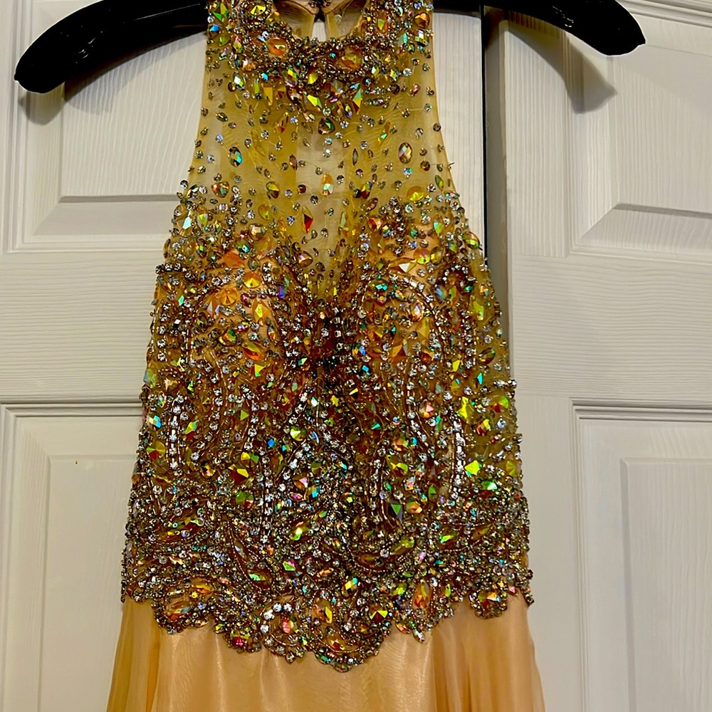 Elegant Nude/Lt Peach and Silver Halter Gown